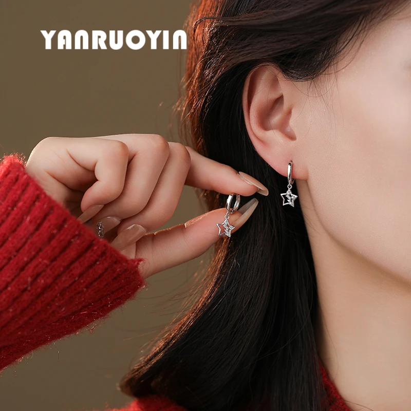 言若银 925银耳饰 纯银耳扣女轻奢镂空星星简约百搭个性耳环EK182