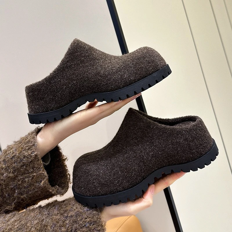 fcs跟高7cm复古绒面包头半拖鞋女D4405