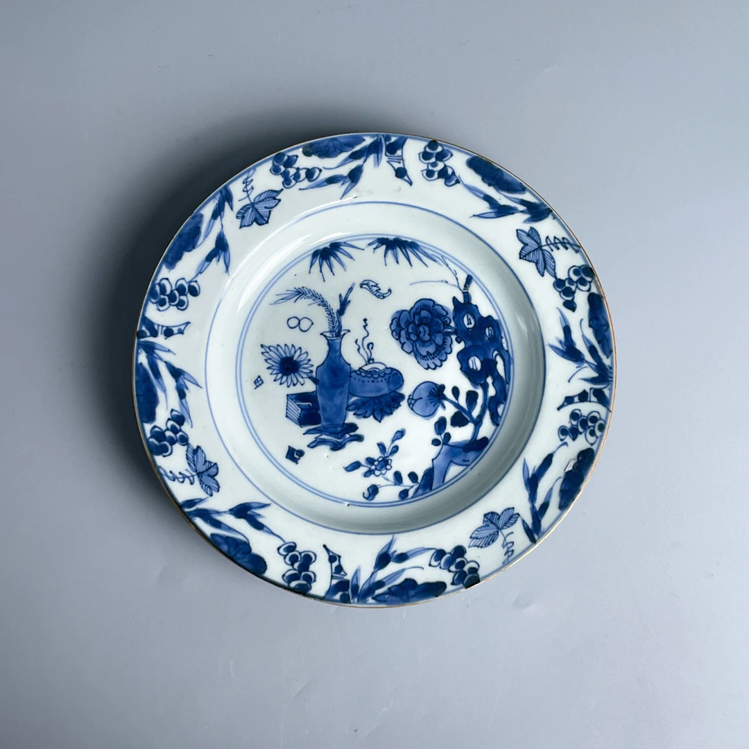 清康熙青花博古纹折沿盘-M25DP008106