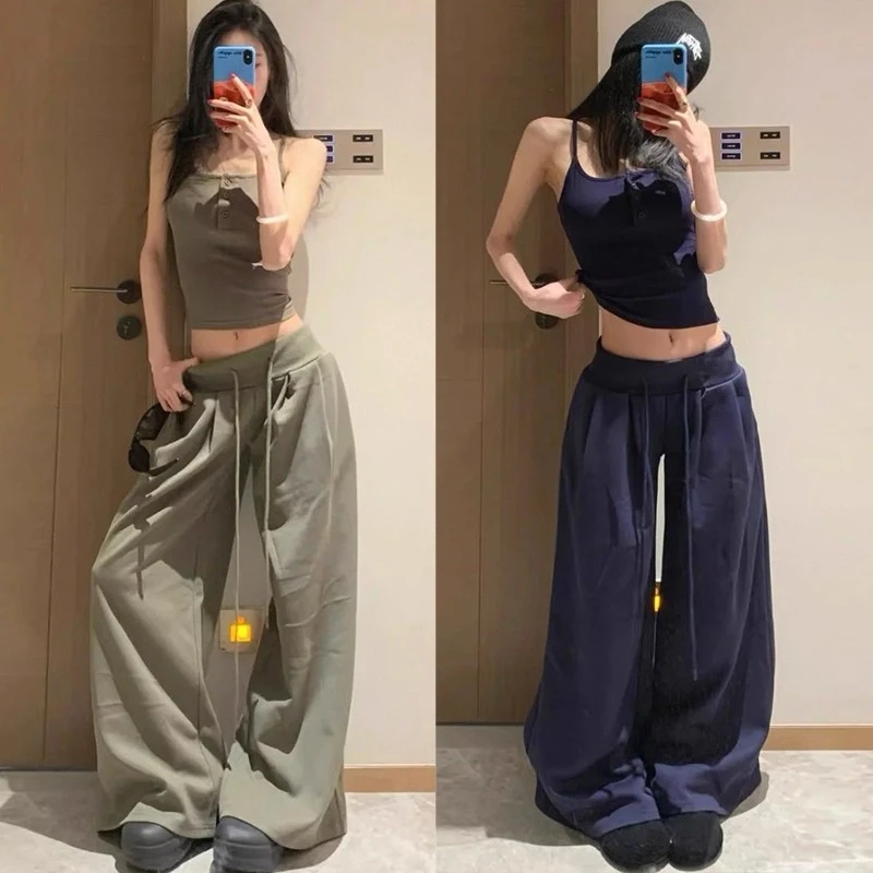 军绿色抽绳运动裤女春秋2025新款小个子高腰显瘦垂感休闲阔腿卫裤