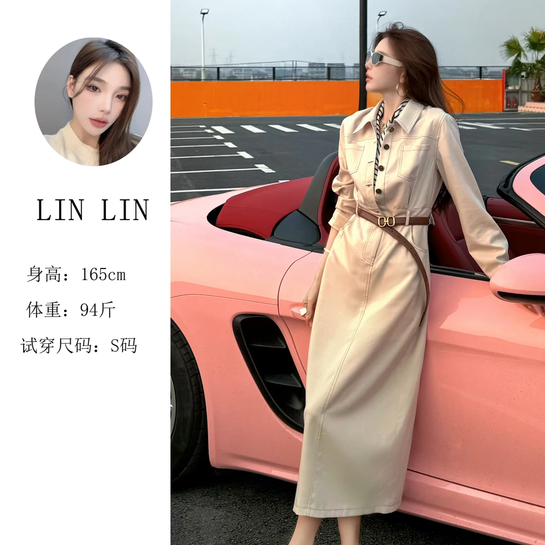 【琳琳2】新款法式复古长袖连衣裙女慵懒风气质收腰工装长裙子2808