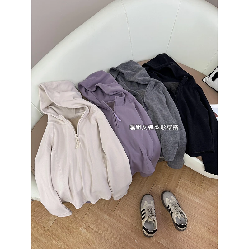 爆瘦S腰】连帽拉链加绒保暖立体经线卫衣女秋冬休闲慵懒风长袖上衣