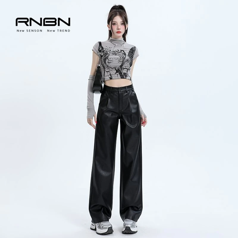 RNBN新款黑色PU直筒休闲裤高腰修身宽松显瘦舒适百搭阔腿裤子