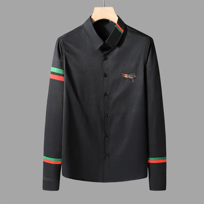 荷波撒纳温欧洲站男士长袖衬衫春秋季时尚小蜜蜂刺绣修身大码衬衣