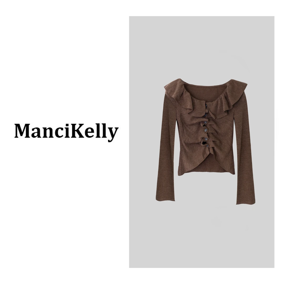 林开心【荷叶圆领】2024秋季新款荷叶圆领设计感针织上衣