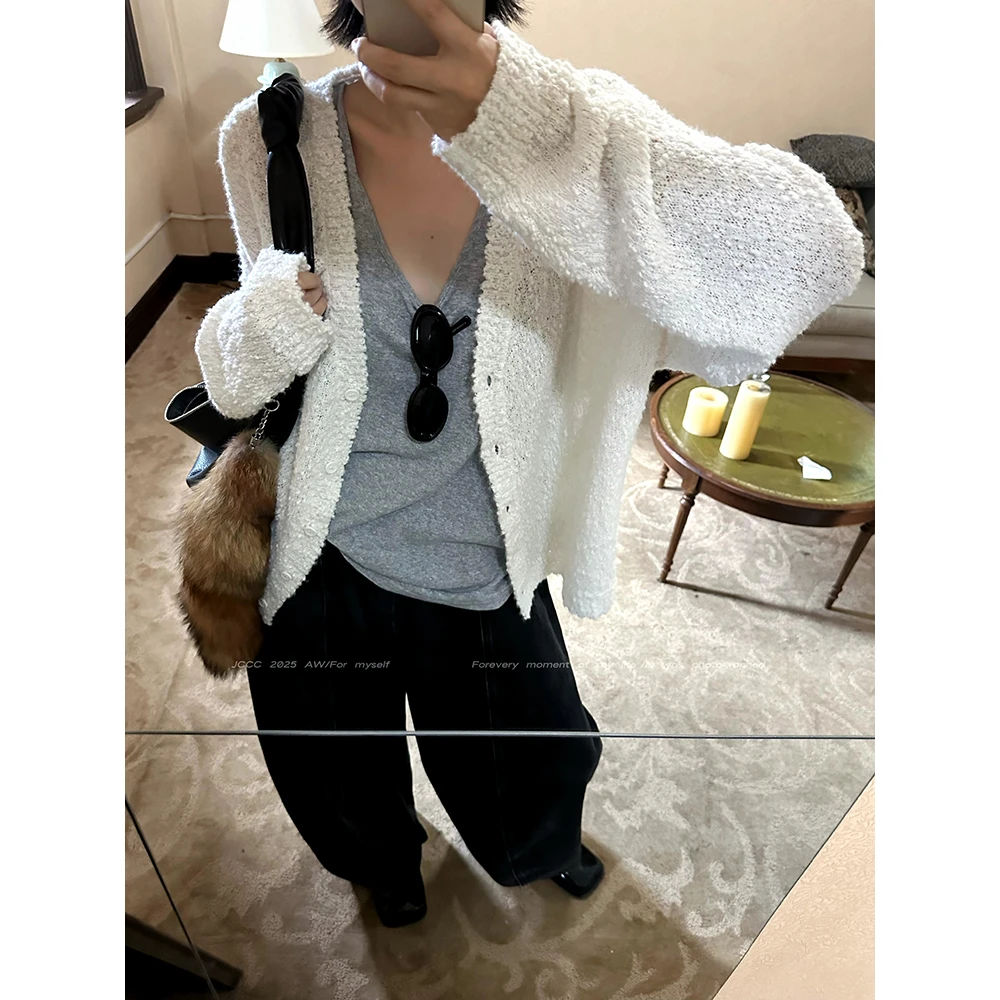 JCCC【旧时光】白色羊毛豆豆纱肌理感针织开衫JE5BZS14