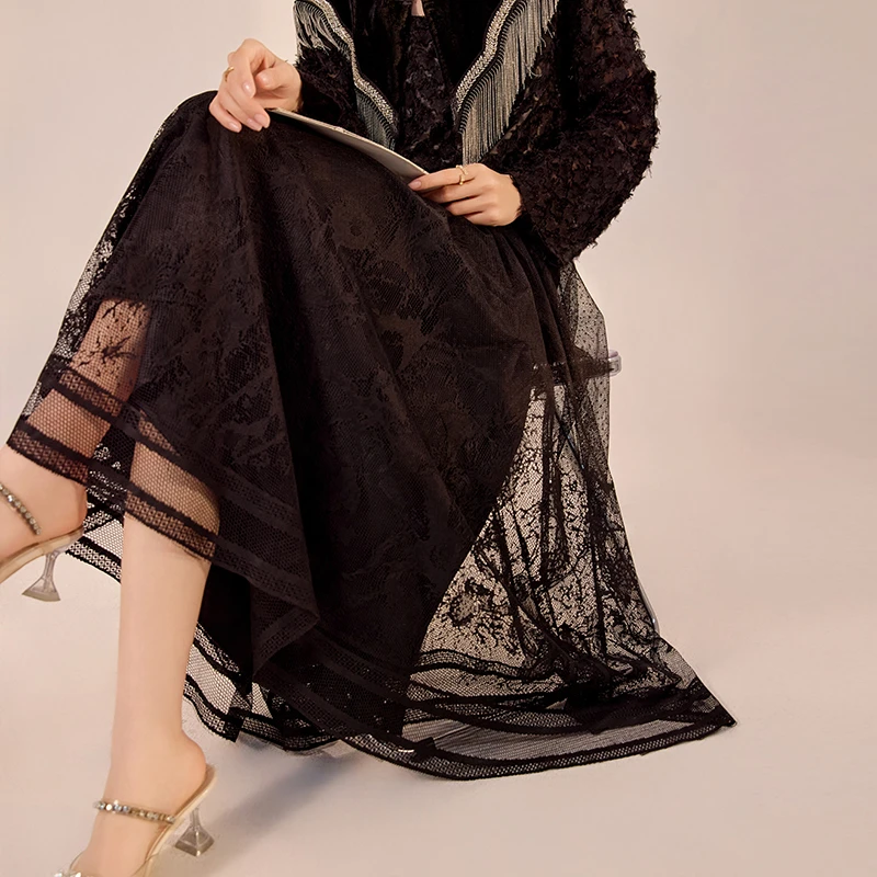 2025春季新款复古设计感蕾丝拼接长裙气质高级显瘦半身裙女 N2067