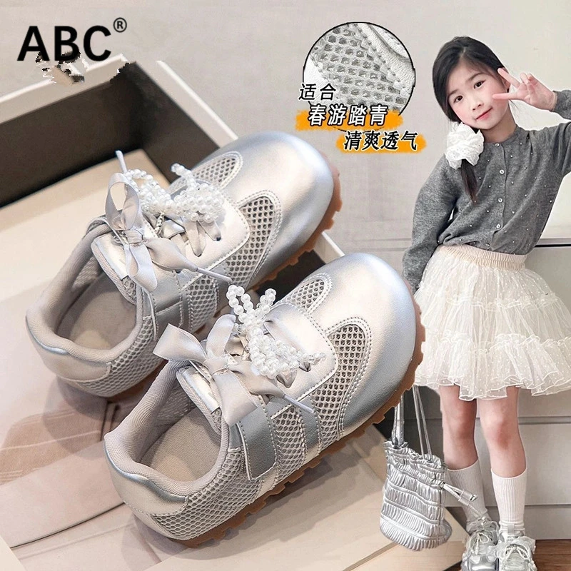 ABC女童鞋子夏季2025新款单网儿童板鞋软底防滑女孩芭蕾风德训鞋