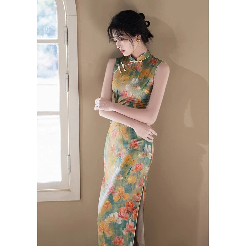 新中式国风改良旗袍女2025夏季轻奢高级感独特漂亮蓝色印花连衣裙