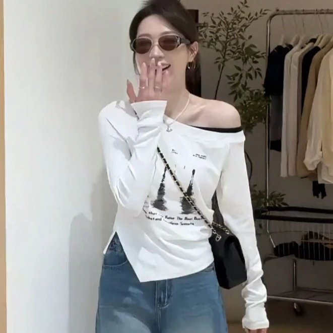 【9030桃】早秋新款时尚百搭斜肩印花假两件上衣修身显瘦长袖T恤女