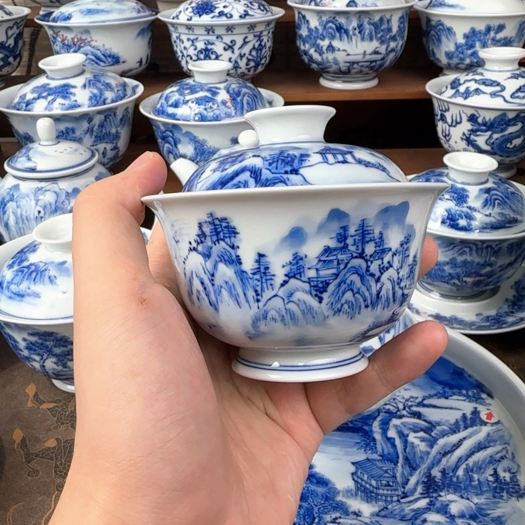 景德镇手绘山水夜景盖碗