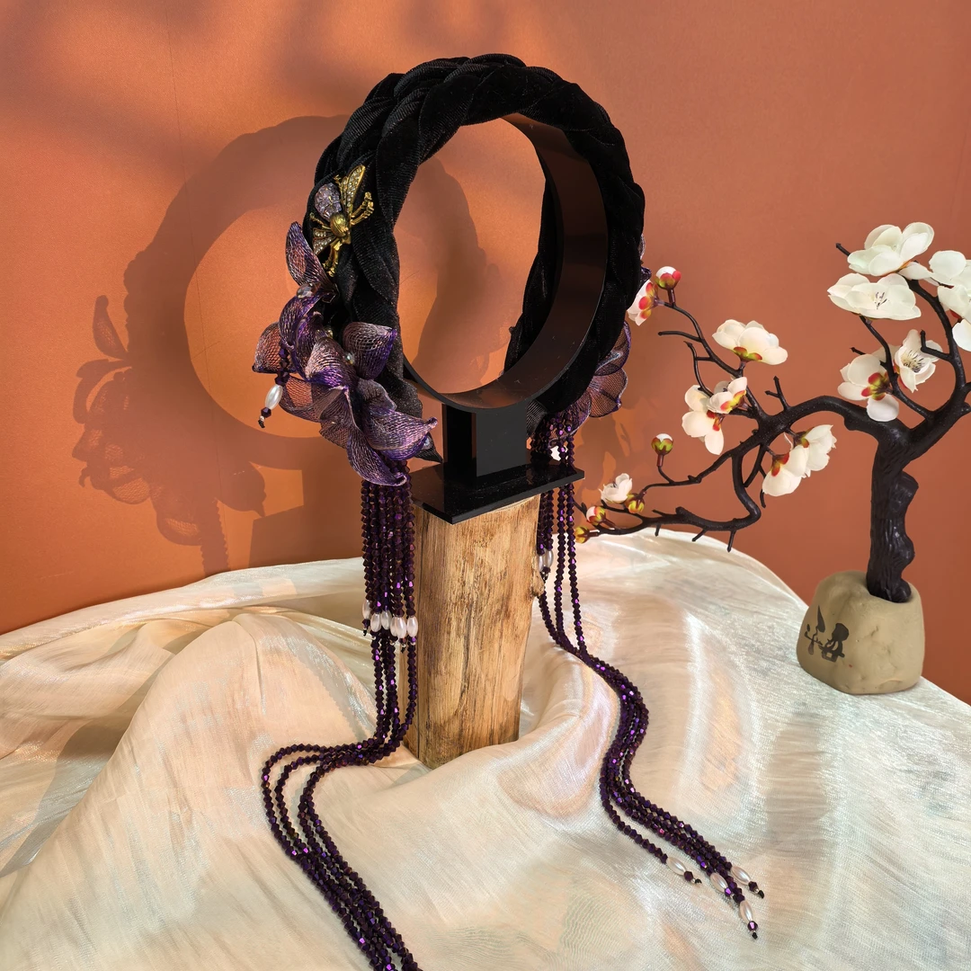 【紫萱】手工铜线编织花朵水晶长流苏发箍