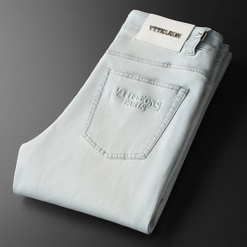 轻奢欧货浅色水洗牛仔裤男潮牌夏季薄款弹力修身小脚高街休闲长裤