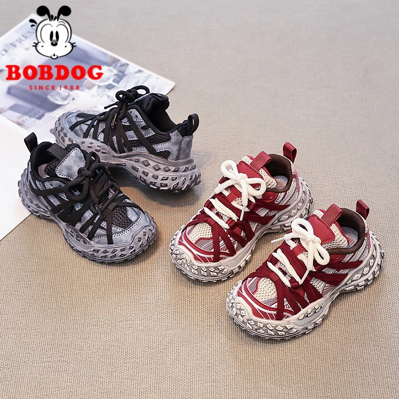 Bobdog/巴布豆2025春季新款男童网面透气老爹鞋软底防滑网鞋