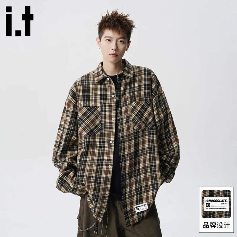 it :CHOCOOLATE港风复古格子长袖衬衫男秋季新款休闲衬衣翻领外套