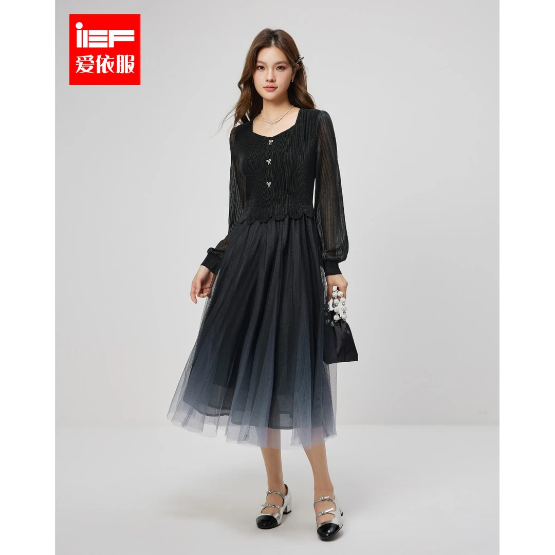 IEF/爱依服2025春季新款法式复古拼接显瘦高级感连衣中裙欧若风