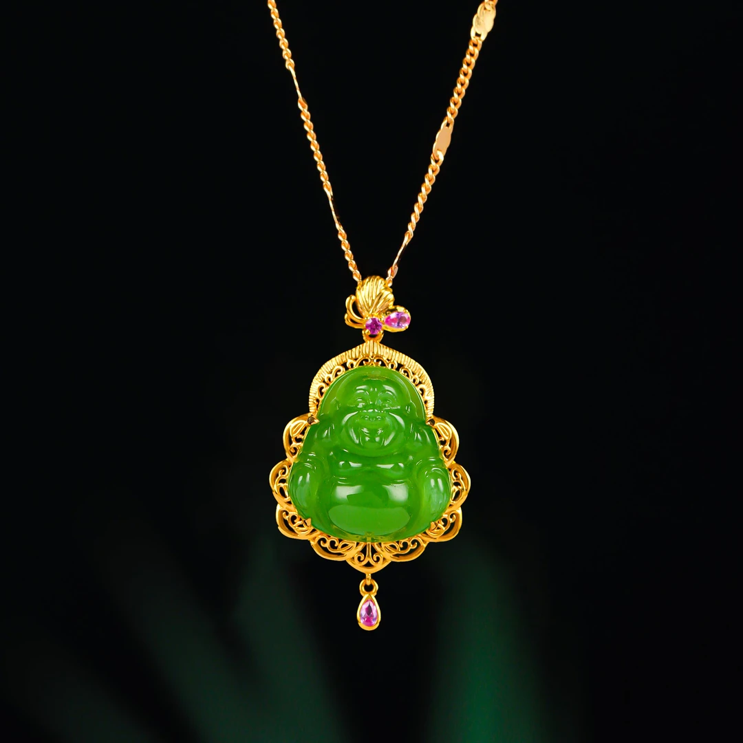 【高色】18K金蝴蝶镶嵌15*16mm苹果绿佛公吊坠HNZ11779