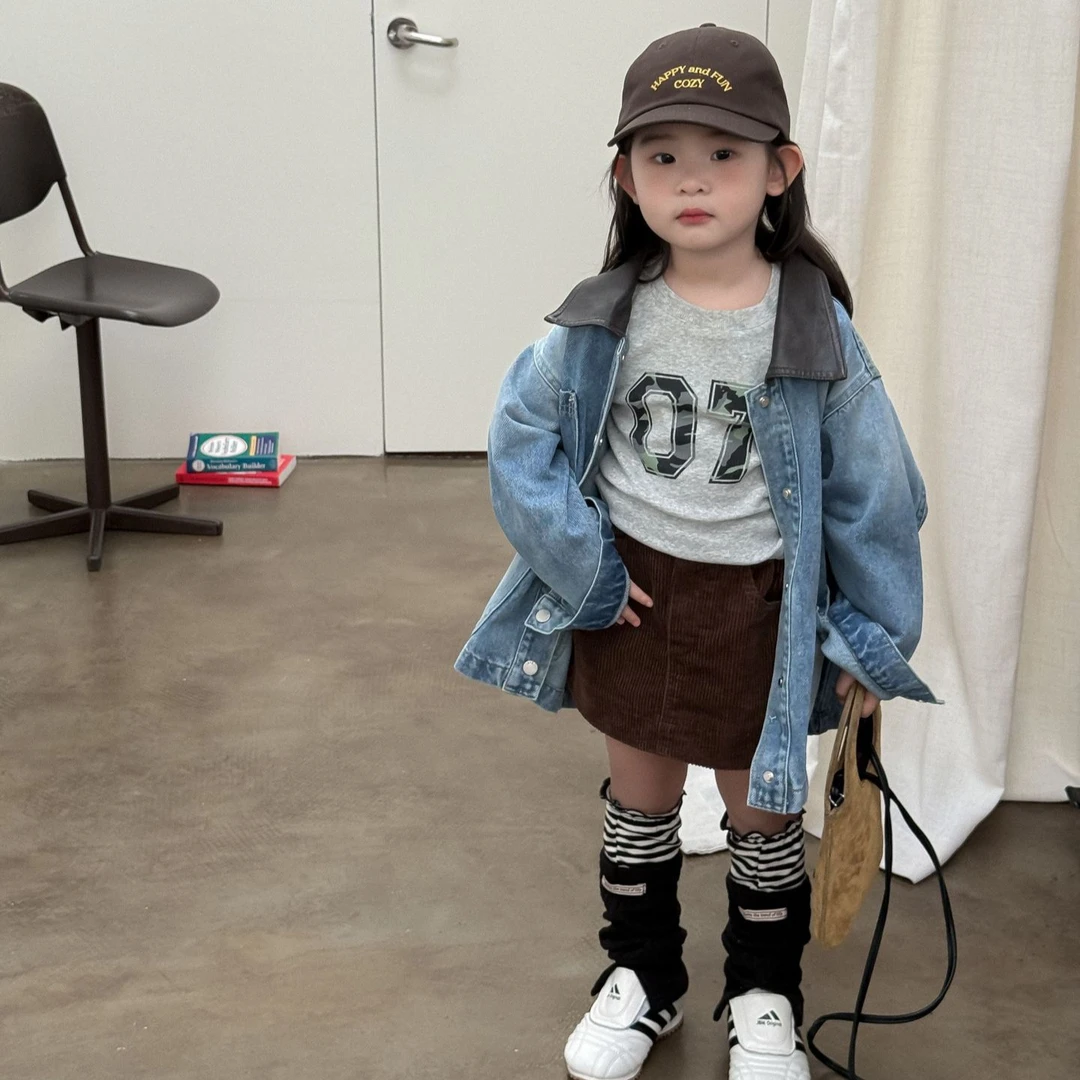 小思家2025秋季韩版女童时尚潮酷牛仔外套圆领T恤灯芯绒半裙套装