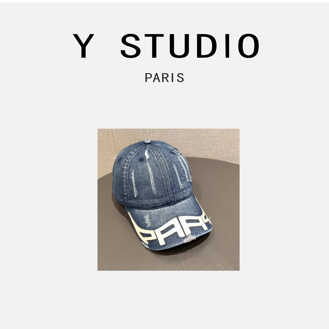 Y.STUDIO初秋新款水洗牛仔磨边皮质拼接字母大头围遮阳帽休闲百搭
