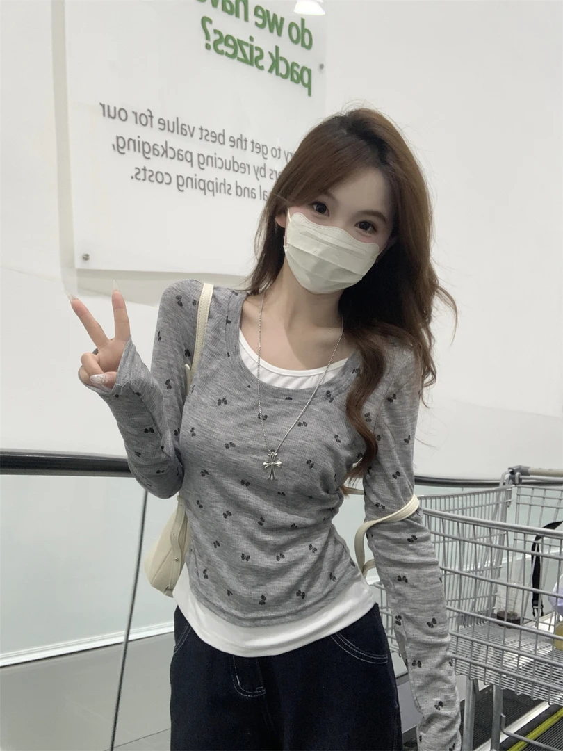 夏季设计感收腰显瘦假两件蝴蝶印花长袖针织衫上衣女
