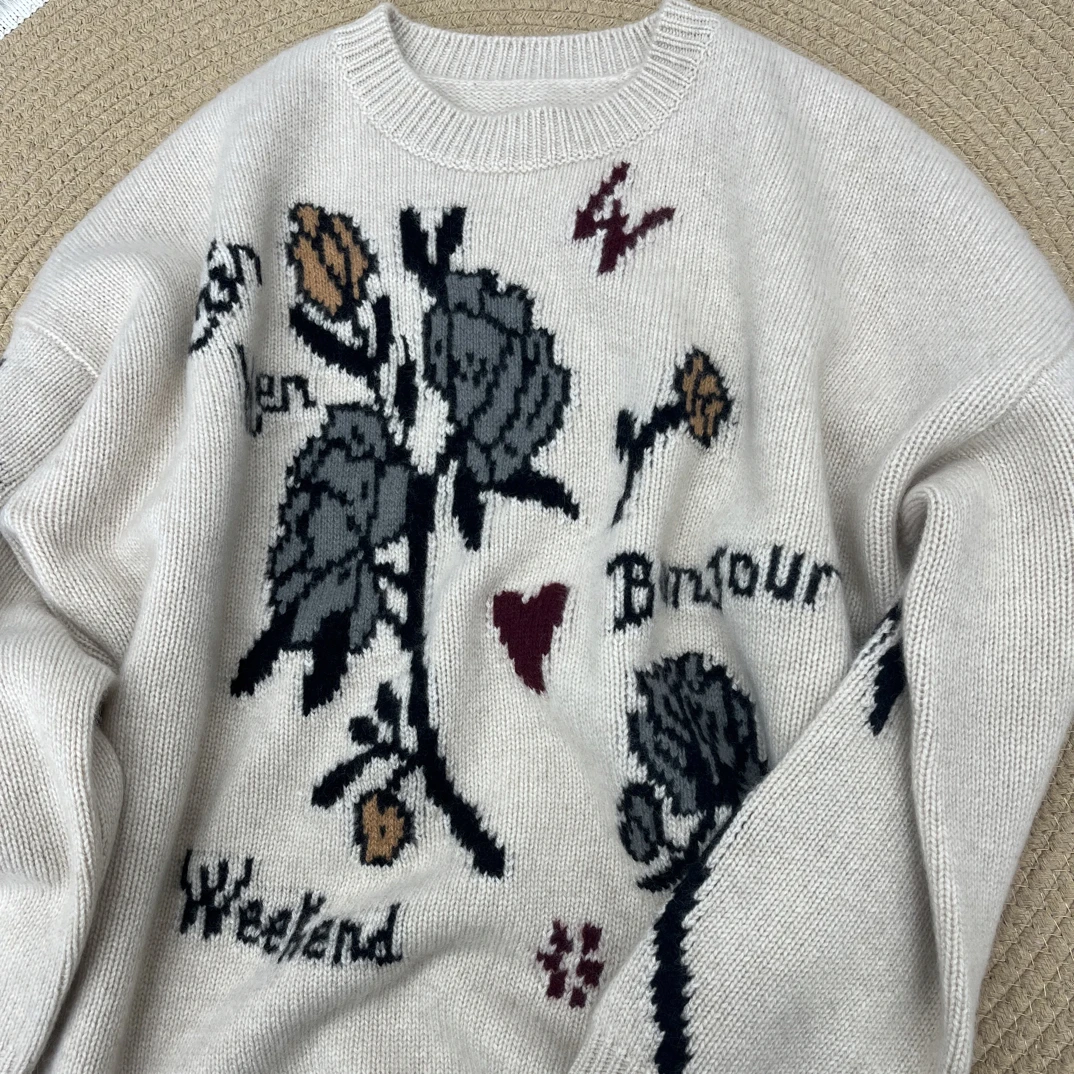 100纯山羊绒手工花宽松毛衣