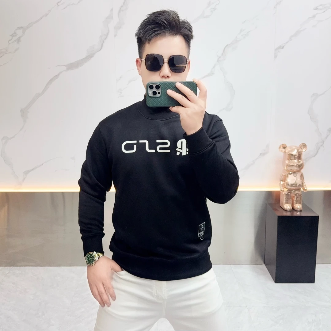 男士打底衫2025秋冬新款潮牌时尚字母印花半高领加绒修身长袖卫衣