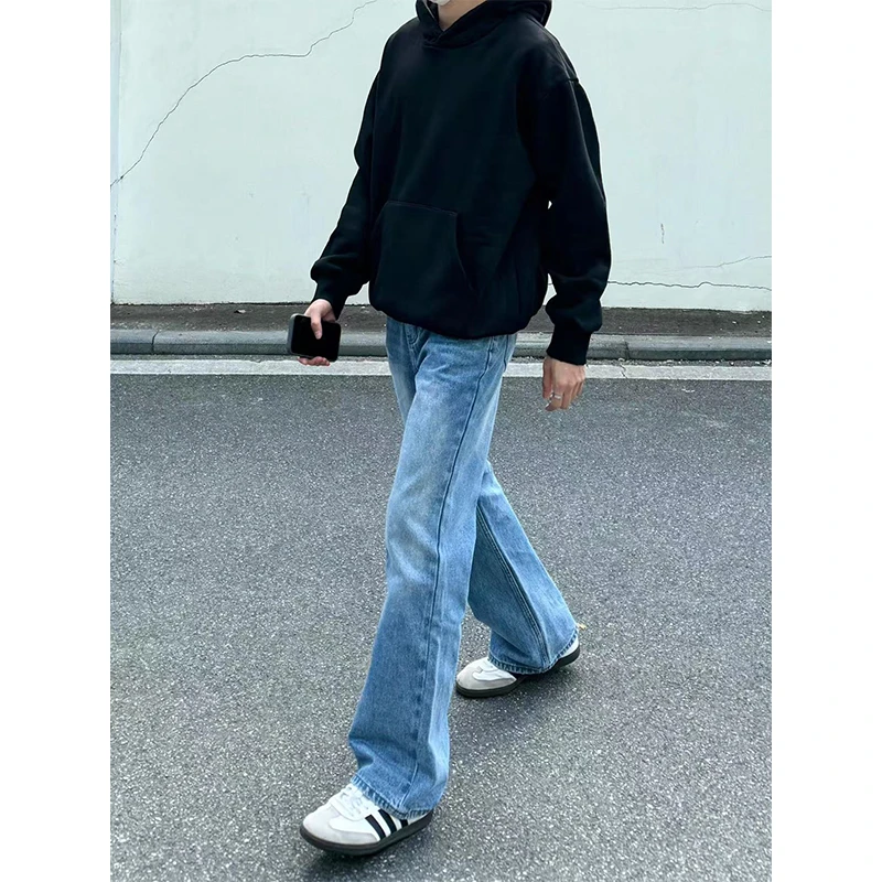 美式复古vibe浅蓝色牛仔裤男春秋修身显瘦cleanfit高街微喇直筒裤