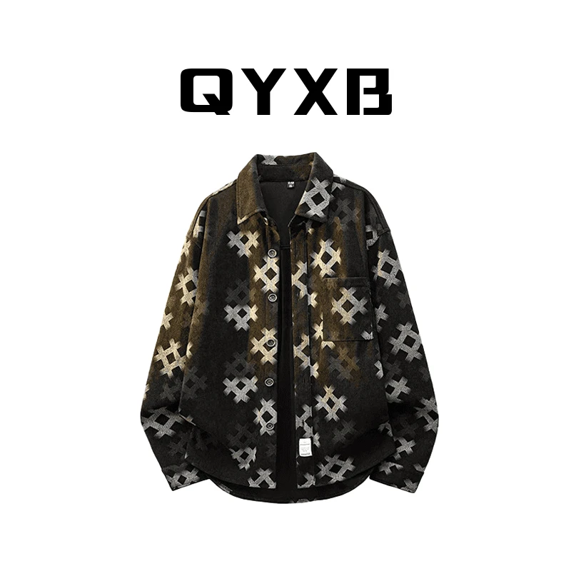 【品牌正品】QYXB秋季长袖美式潮牌翻领衬衣高级感印花衬衫外套男士