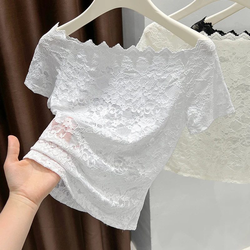 气质一字领花边设计感短袖上衣夏季透视网纱纯欲小衫薄款露肩T恤