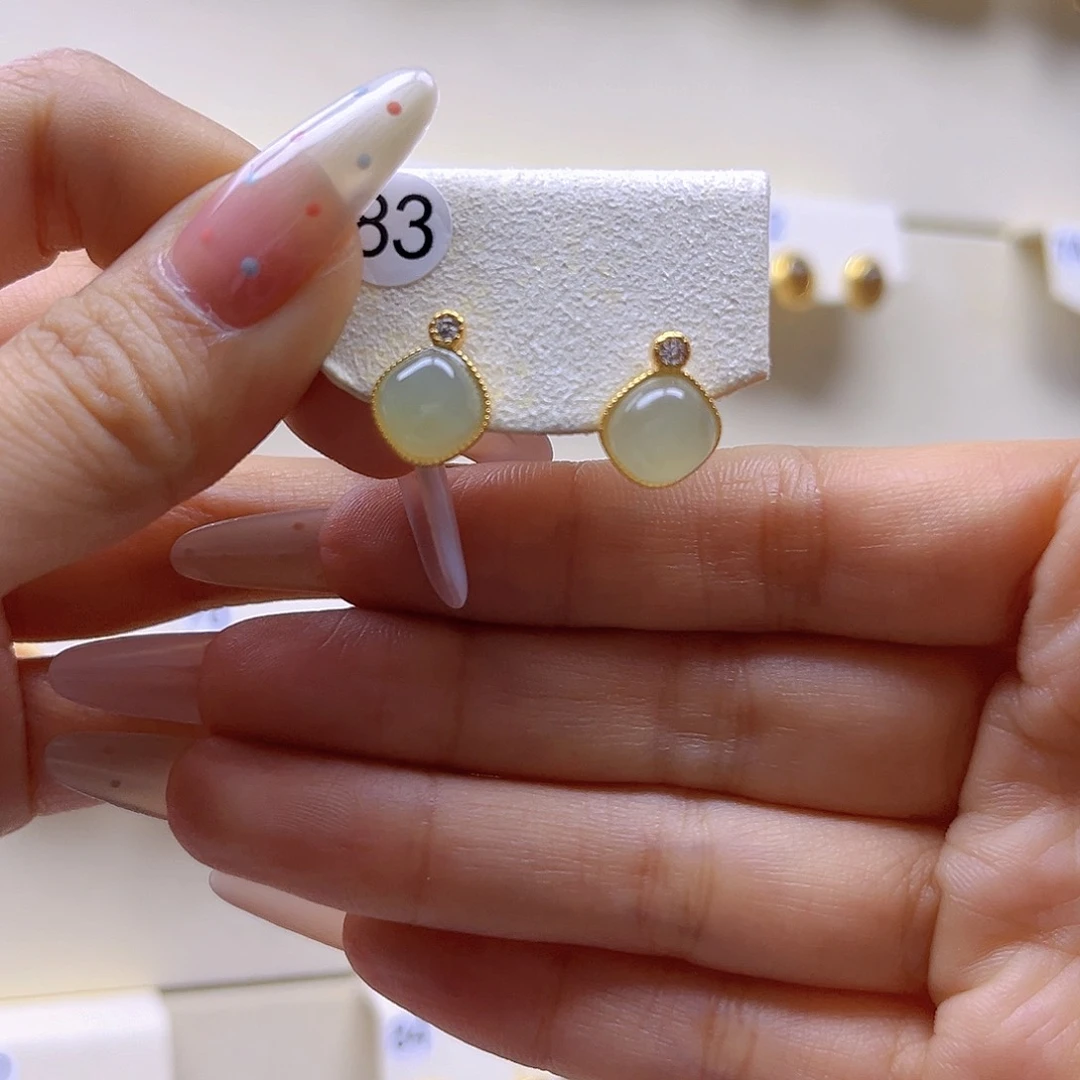 和田玉银S925镀金镶嵌耳饰