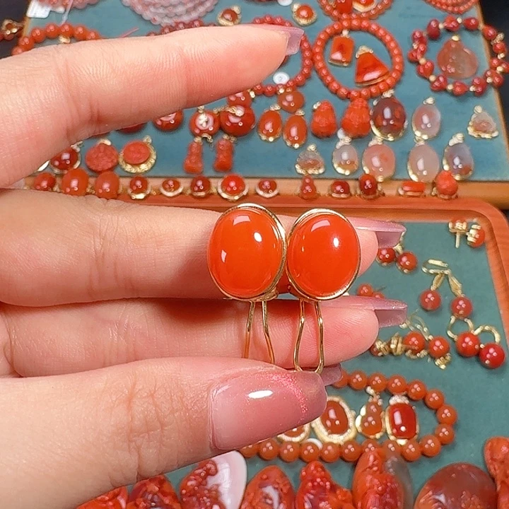南红玛瑙银S925镶嵌耳饰高货
