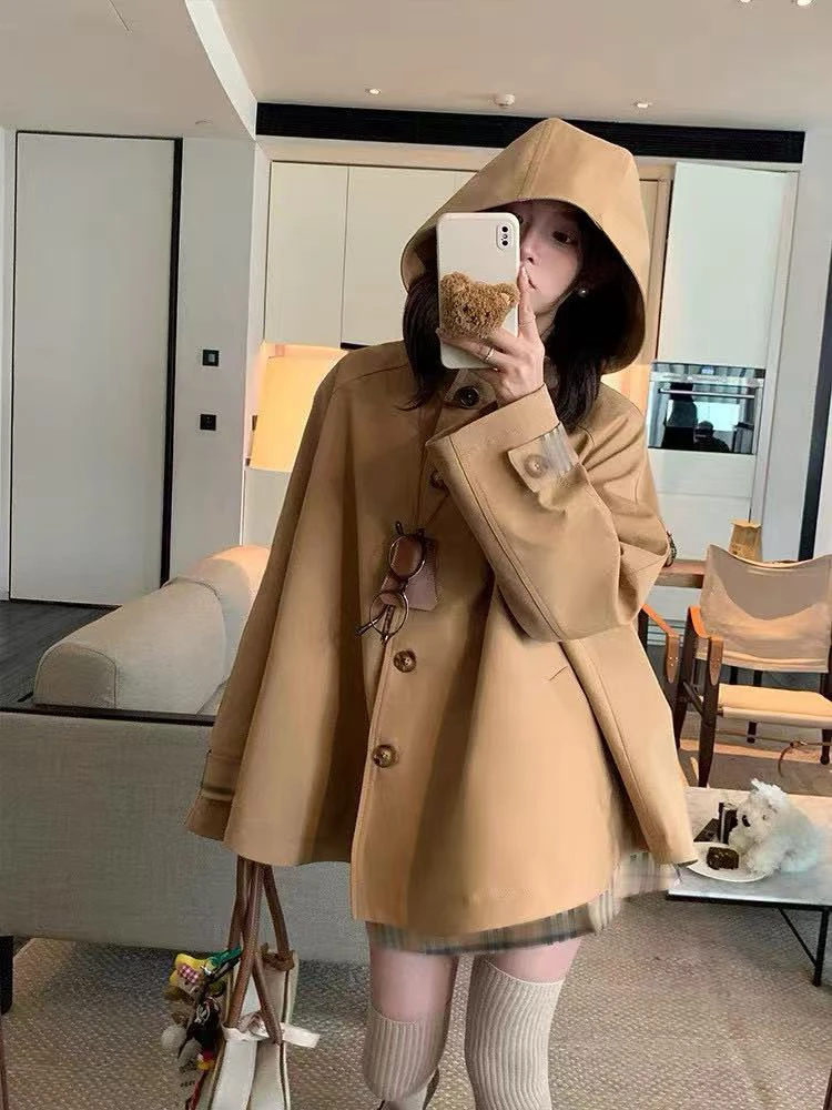 <<No退NO换>中长款格纹bbr连帽风衣外套女秋季外搭宽松小个子大衣