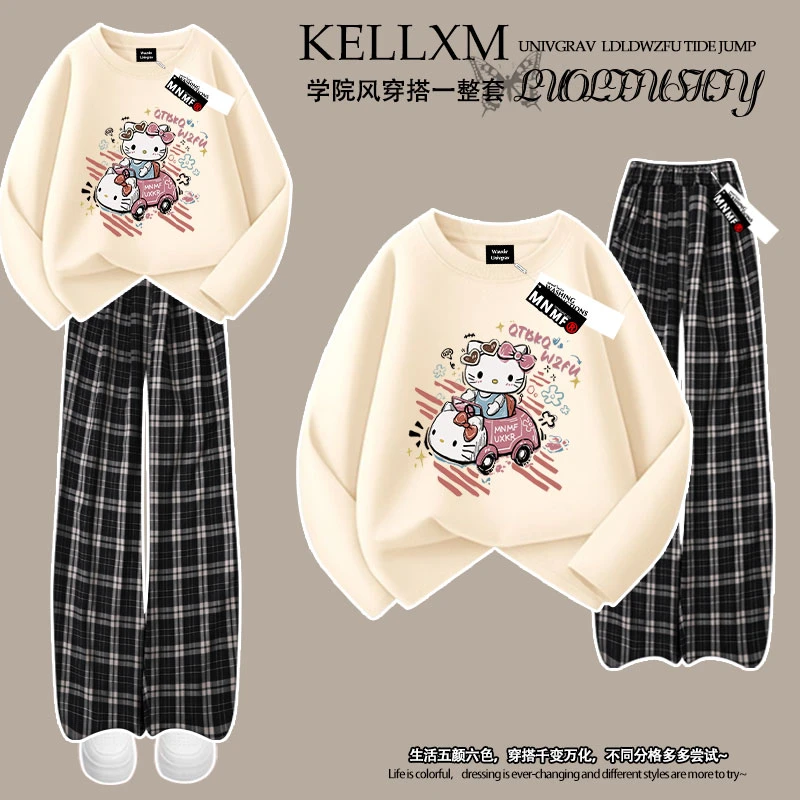 2025春秋新款女童纯棉长袖t恤格子裤套装凯蒂猫印花中大童两件套