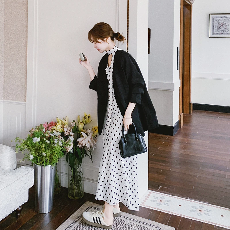 御姐穿搭黑色西装波点吊带连衣裙套装女2025春季新款高级感两件套
