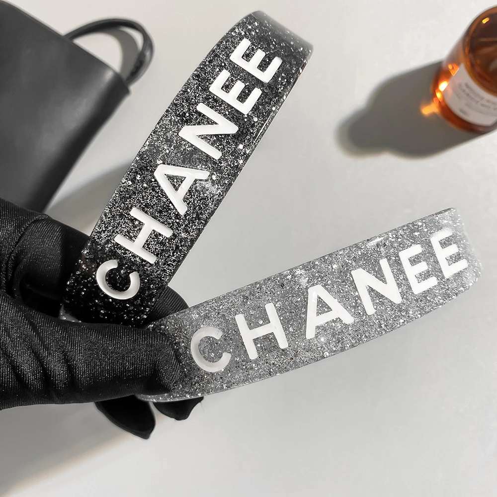 韩版滴釉小香风C字母银色宽边醋酸发箍银色亮片宽边发箍发饰香奶