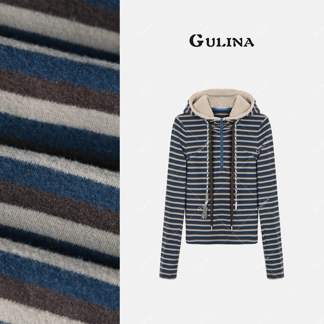 GULINA/娜姐夏欧洲站设计师百搭拼接撞色条纹带帽长袖卫衣68250