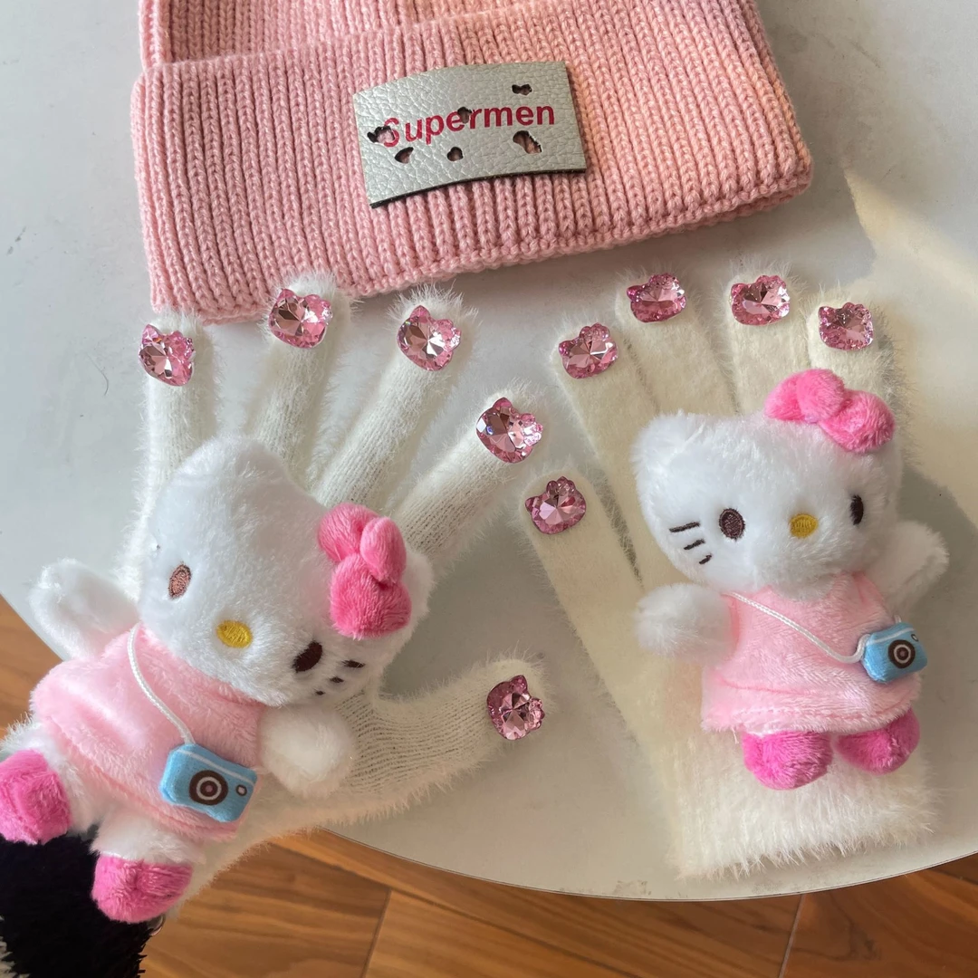 可爱全身Kitty钻石手套保暖仿羊绒玩偶kt猫网红冬季防寒防冻