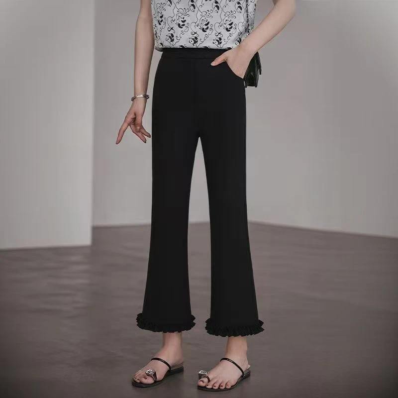 大码女装—933木耳边微喇裤女高腰显瘦百搭弹力休闲裤花边九分裤子