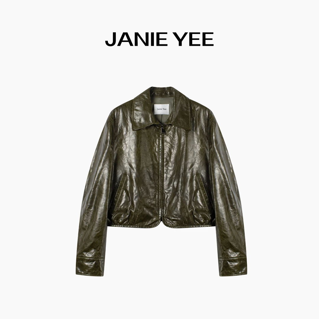 Janie Yee”时髦精“绵羊皮显白休闲老钱风短款真皮衣外套 25A3237