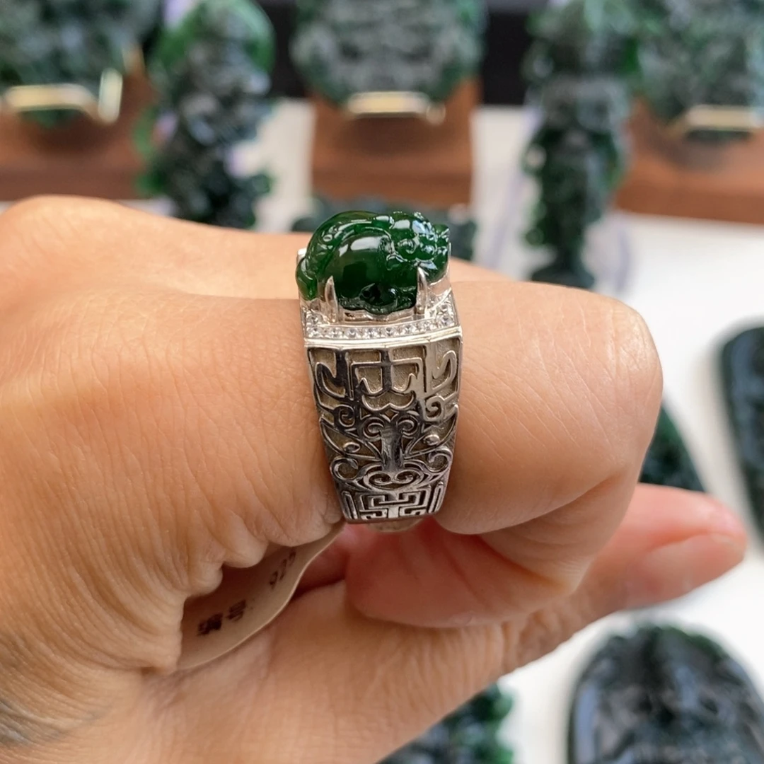 定制翡翠银S925镶嵌貔貅戒指