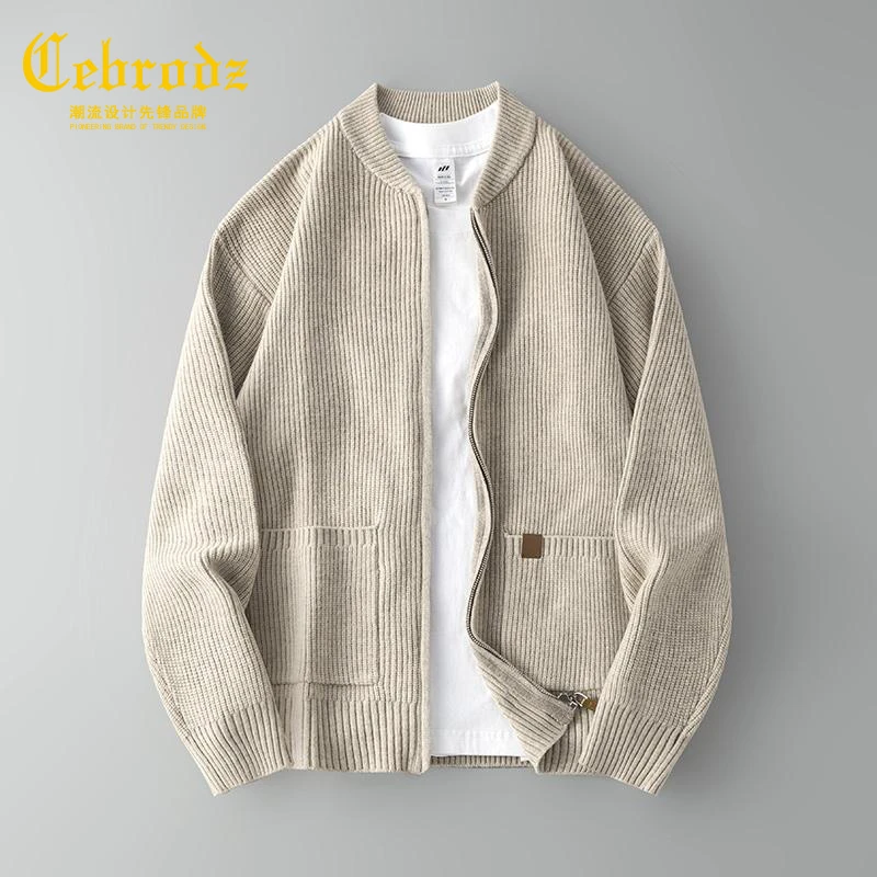 法国Cebrodz男士棒球领开衫针织衫外套秋季拉链毛衣上衣复古外穿
