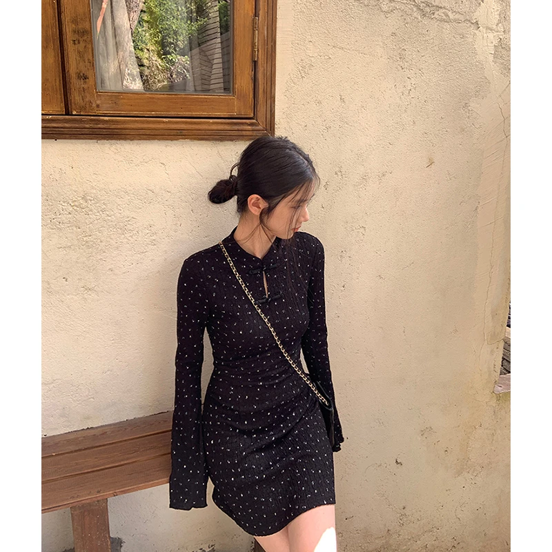 YOKLASS少女家 【现】黑色新中式盘扣印花连衣裙时尚短袖L29837S51