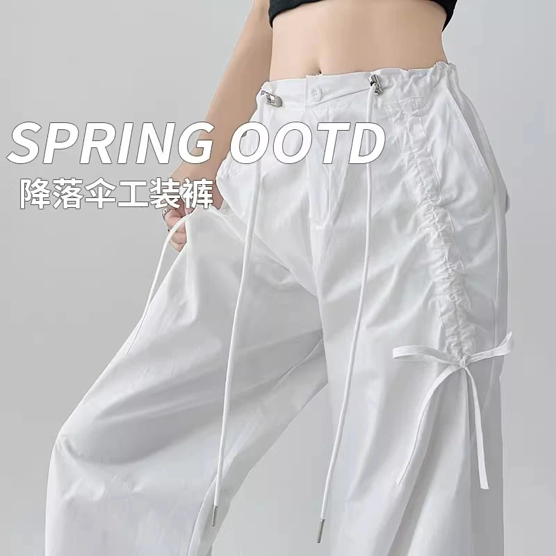 【欧若风]两穿美式运动裤女2025新款夏季薄款抽绳蝴蝶结直筒工装裤