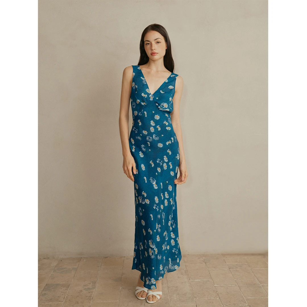 Daily romance25春雏菊与牛仔法式桑蚕丝V领连衣裙长裙/短裙