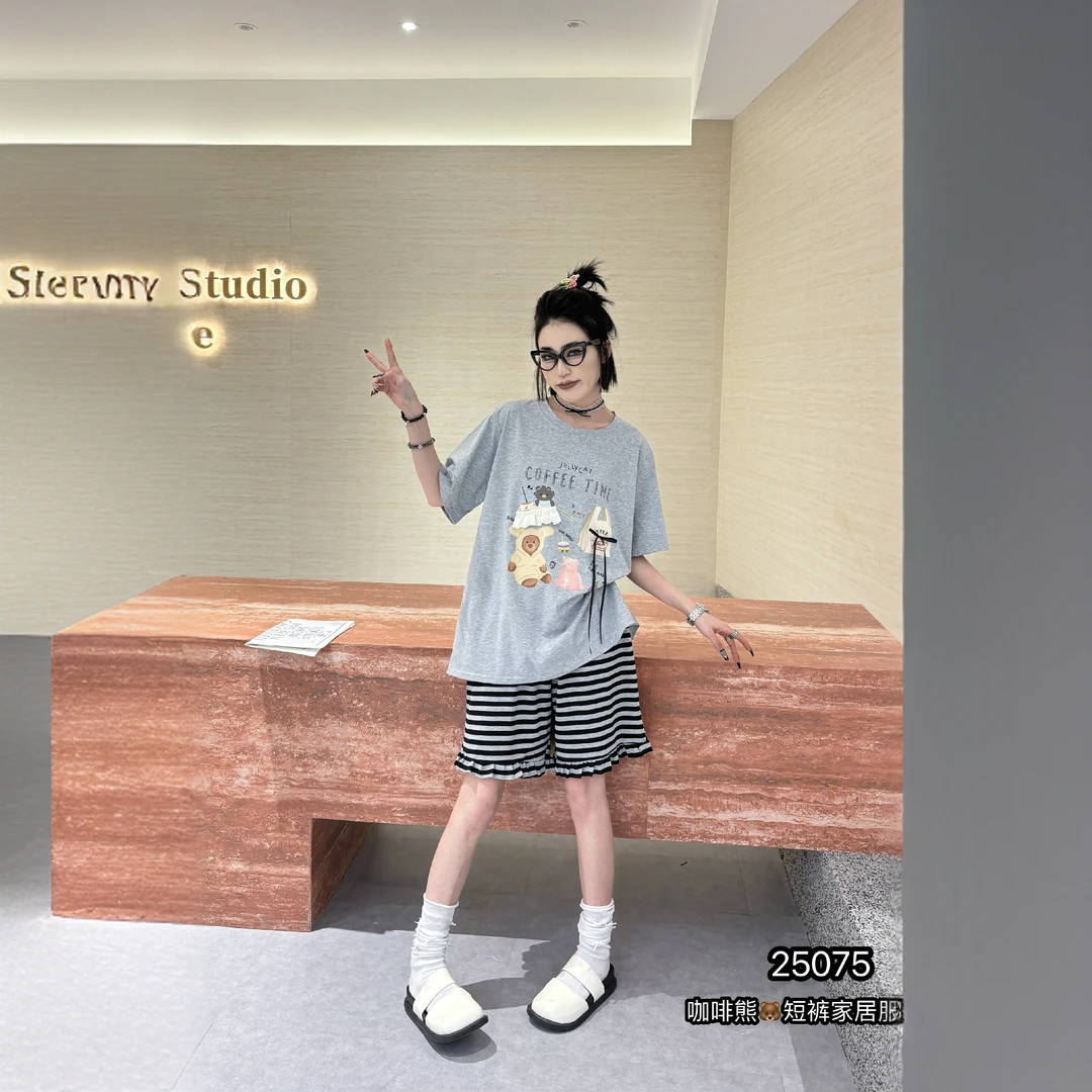 【潘多拉熊】春夏短袖短裤可爱宽松圆领纯棉可外穿休闲家居服25075