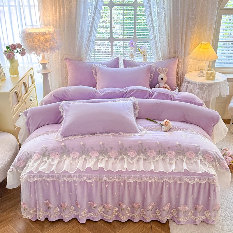 新款公主风少女心全消光牛奶绒床裙款四件套高克重双层蕾丝花边