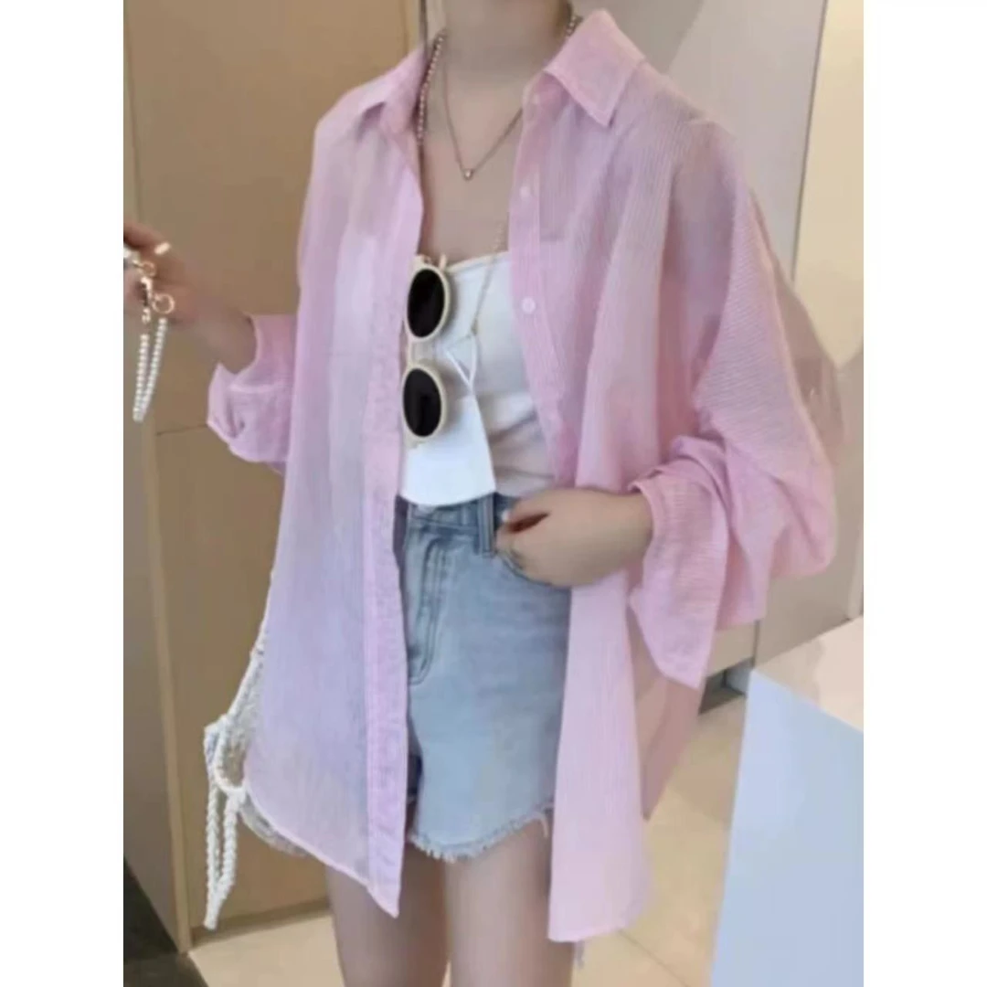 【2131】女夏季条纹粉色扎染防晒衬衫开衫薄款外套衬衫韩版