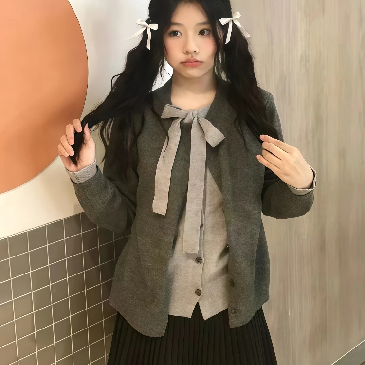 韩系穿搭灰色假两件蝴蝶结针织开衫女秋冬高级感慵懒风毛衣外套潮