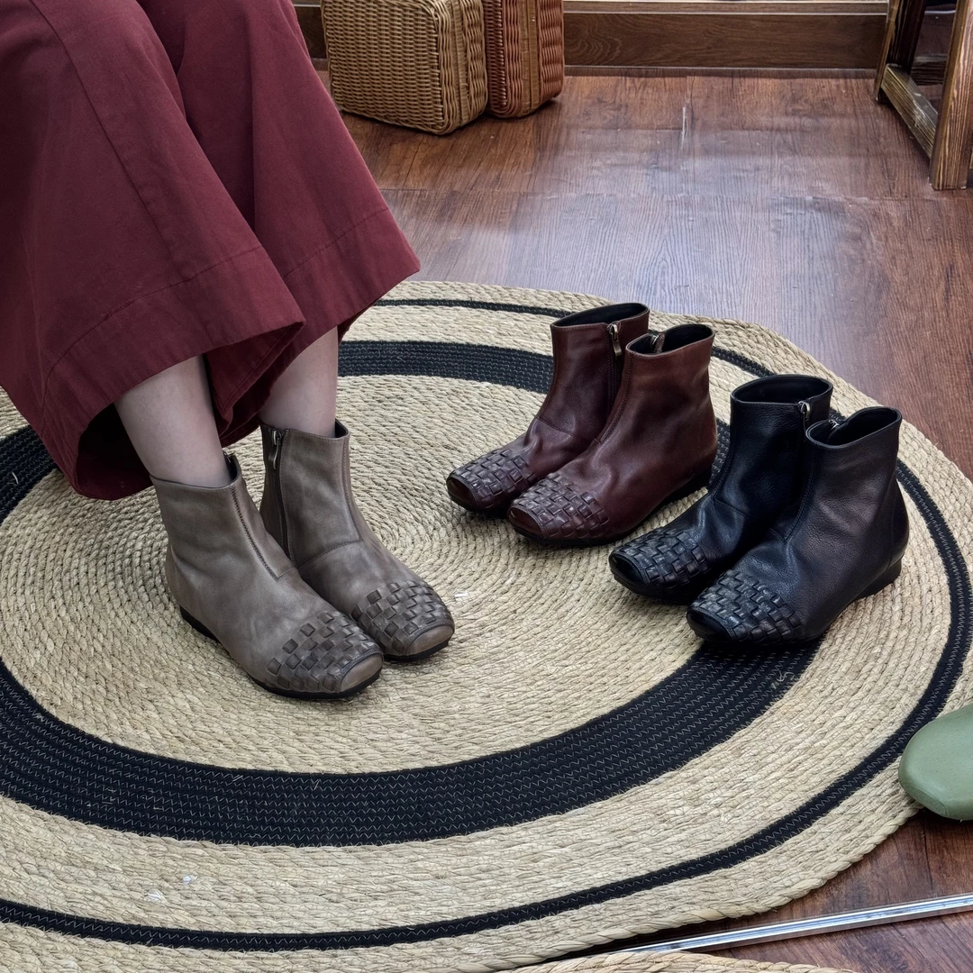 （断码福利）方头女粗跟中跟短靴冬季坡跟侧拉链真皮编织短靴367A-2