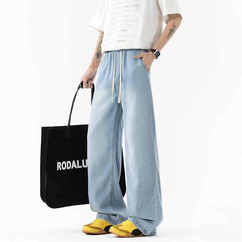 冰丝牛仔裤男夏季薄款宽松直筒阔腿裤2025新款莱赛尔天丝休闲裤子